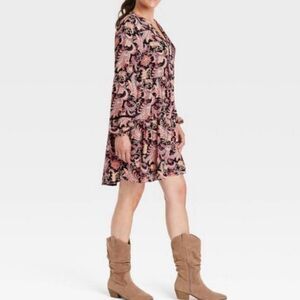 NWT XS Knox Rose Paisley  Boho Long Sleeve V-neck Tiered Shift Mini Dress